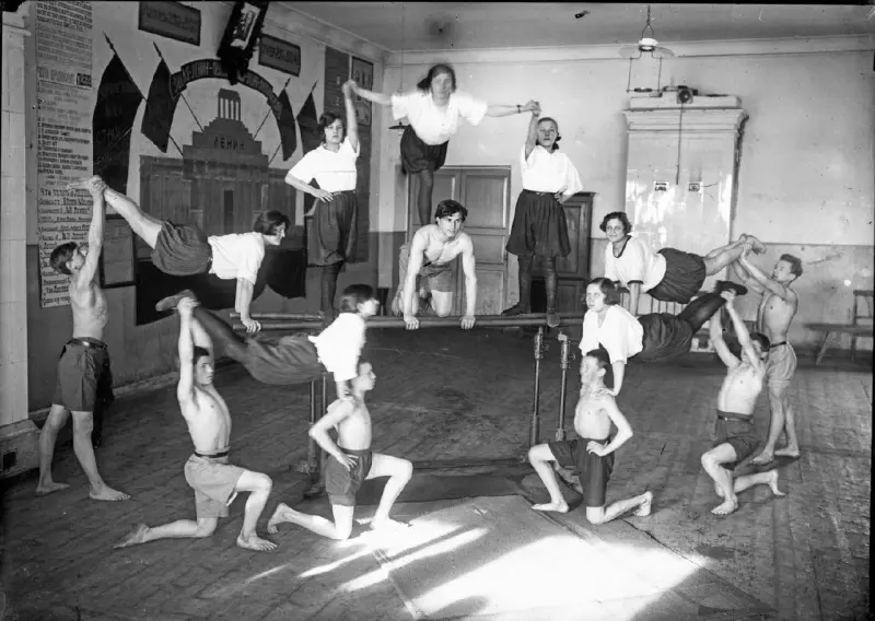 Komsomol pyramid against the background of Lenin's mausoleum