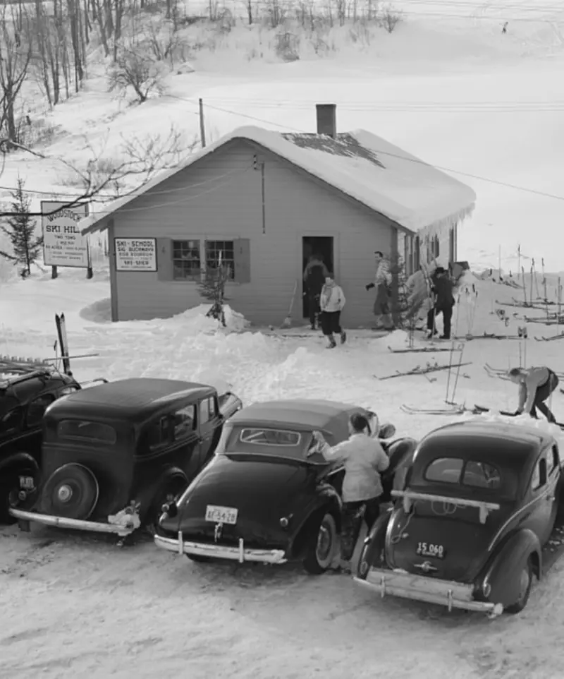 Skiers on weekends at Clinton Gilbert's farm.