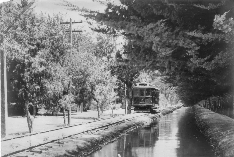 Streetcar line on Brockton Avenue south of Tequesquite Arroyo