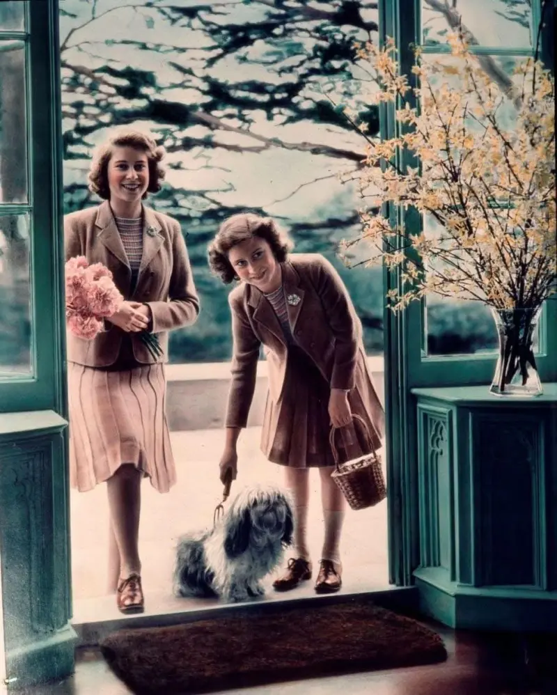 Young Princesses Elizabeth and Margaret with Their Dog Chang
