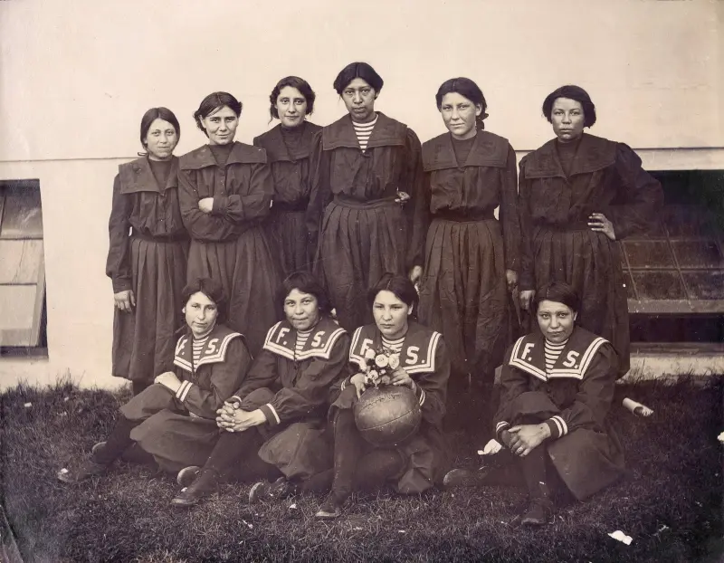Indian girls dressed for a ball game, U.S. Government Indian exhibit.