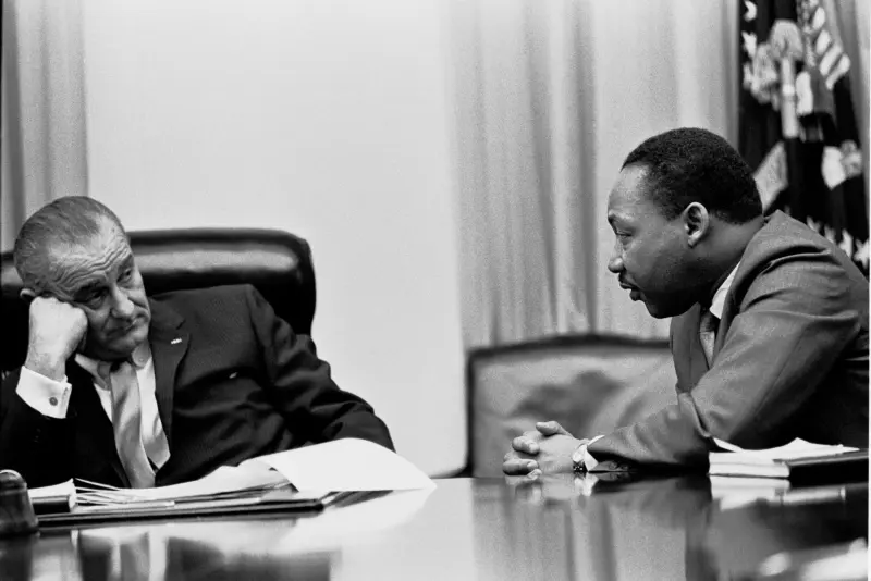 President Lyndon B. Johnson meeting with Luther King in the White House Cabinet Room