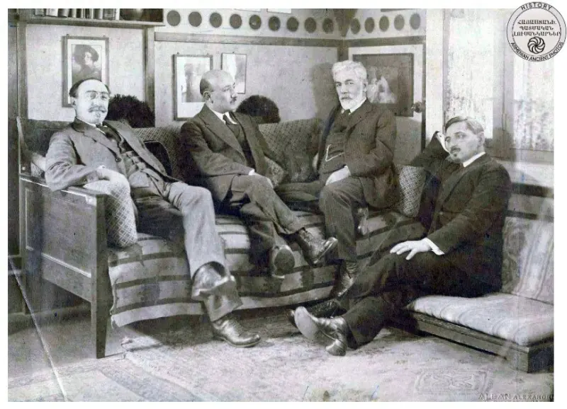 Photograph of Armenian politicians Levon Shant, Hovhannes Devejyan, Hovhannes Kajaznuni, and Simon Vratsyan (taken in Egypt)