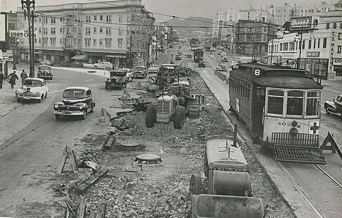 Market, Valencia, and Gough Streets under construction. Market, Valencia, and Gough Streets under construction.