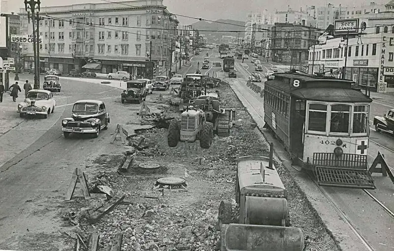 Market, Valencia, and Gough Streets under construction.