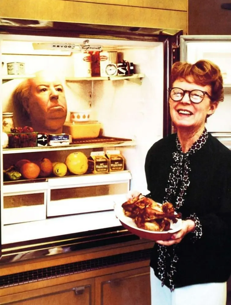 Alma Hitchcock with Alfred's Waxy Head in the Fridge
