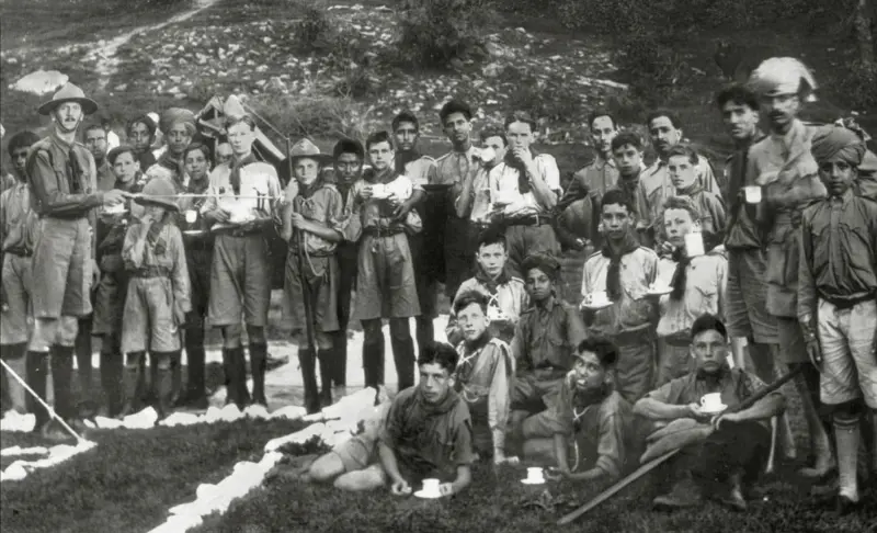 Boy Scouts and Troop Leaders taking tea.