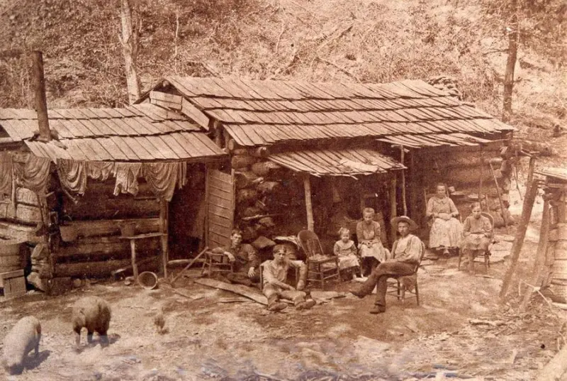 A family at their cabin home 