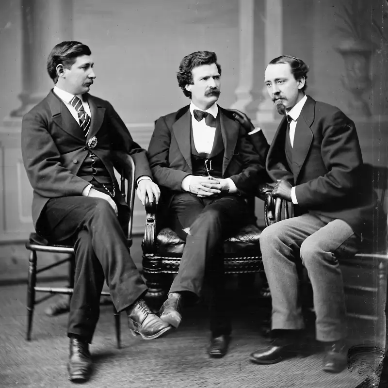 Twain with American Civil War correspondent and author George Alfred Townsend, and David Gray