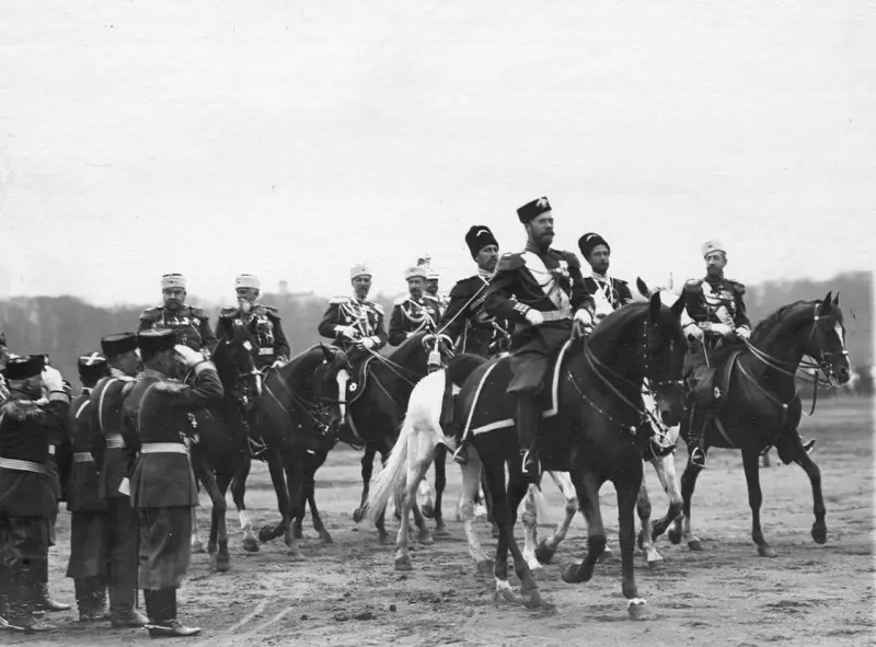Emperor Nicholas II and his entourage during a parade on the Champ de Mars