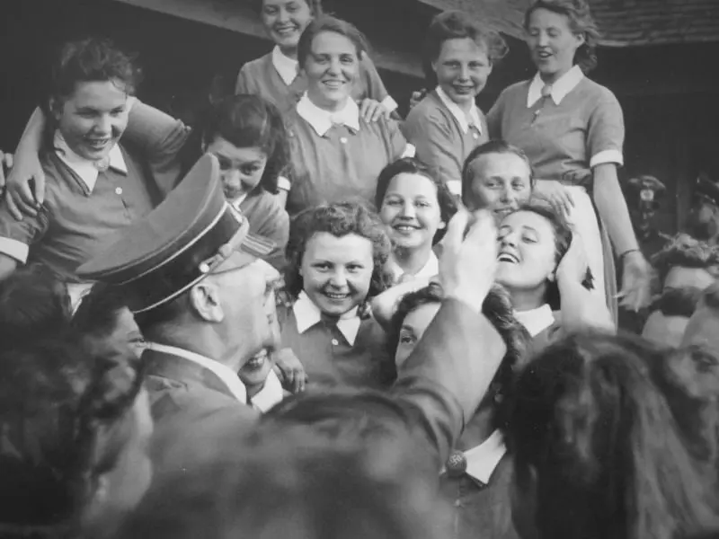 Adolf Hitler with girls from the Imperial Labour Service (RAD)