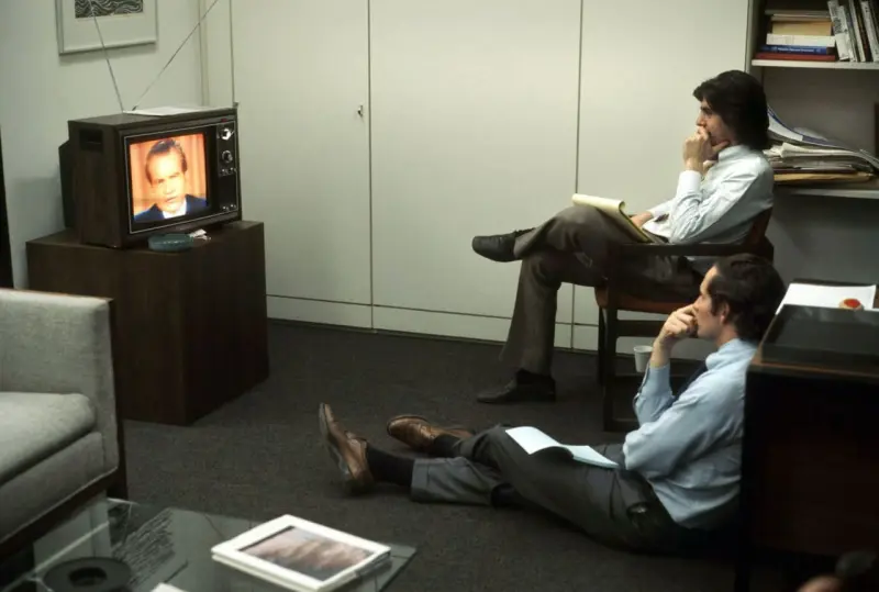 Reporters watching Nixon's resignation
