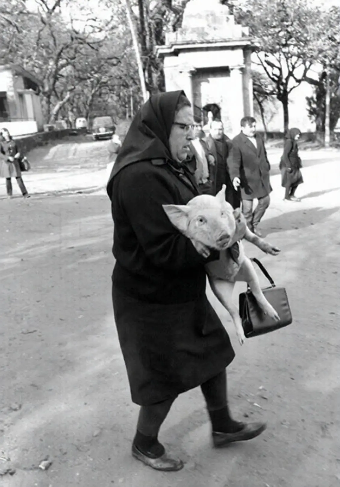 Una mujer con un cerdo en brazos