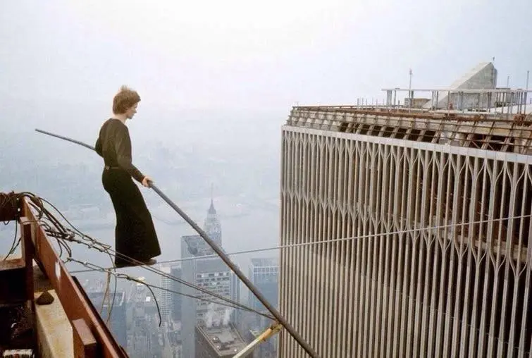 Tightrope walker Philippe Petit between the towers of the World Trade Center