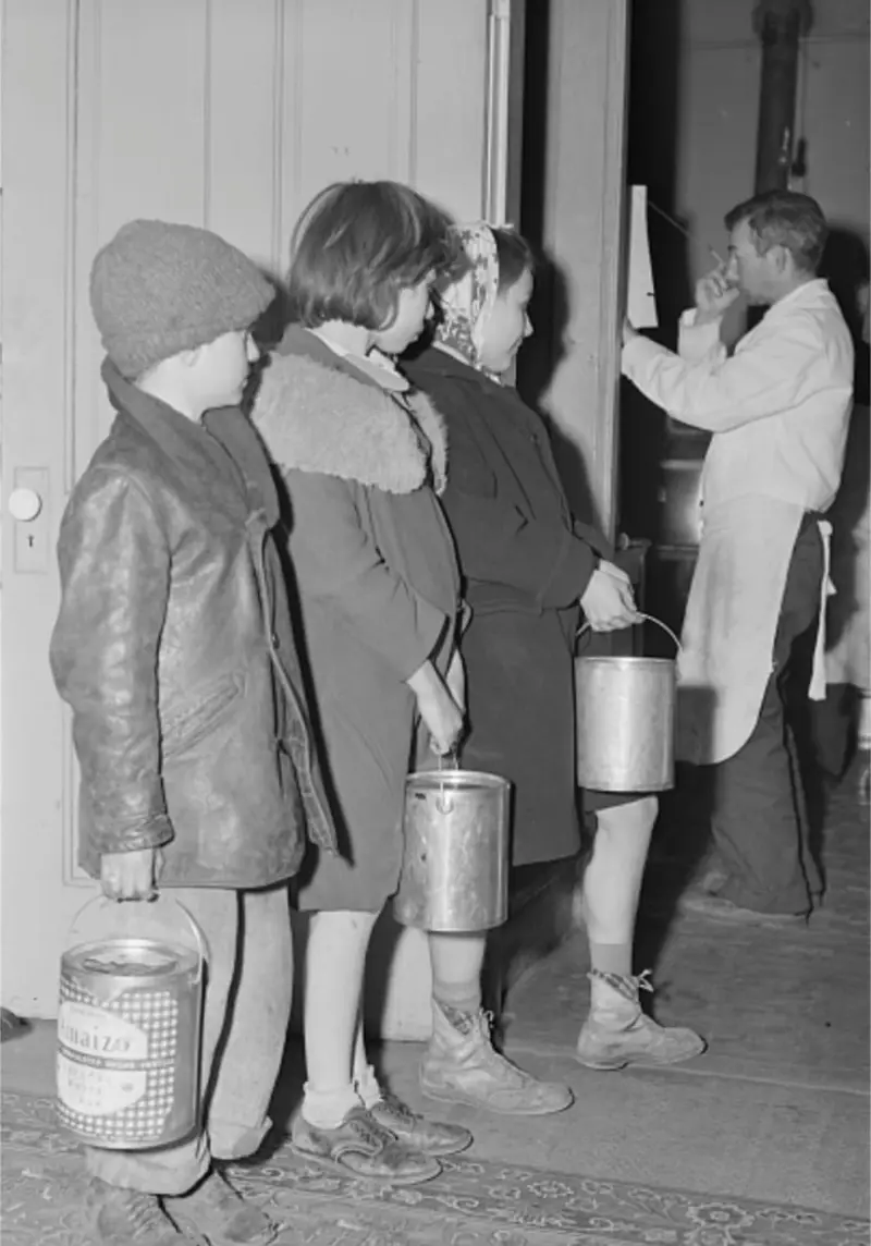 Children waiting in line for soup 