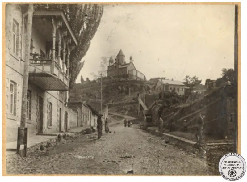 Street in Akhaltskha with the Church of St. Varda