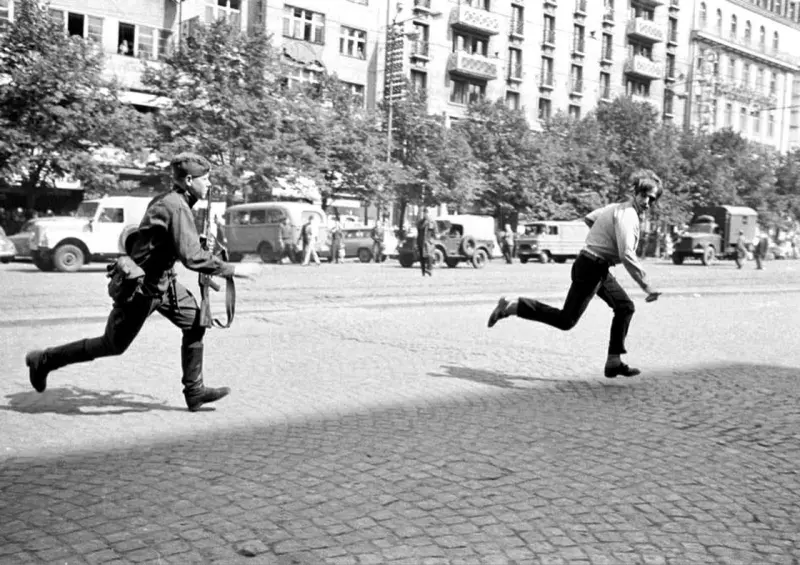 Soldier Chasing Stone Thrower in Prague