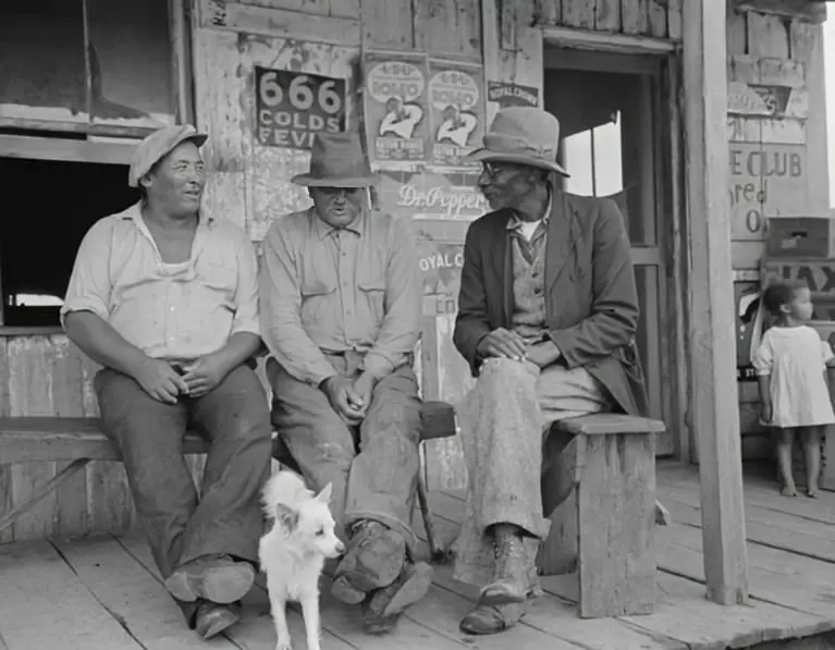Men talking on porch of small store