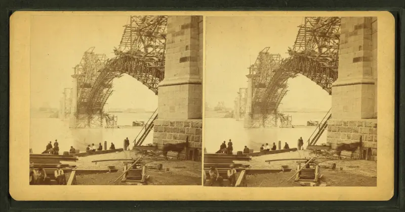 Stereo card by Benecke showing the Eads Bridge under construction