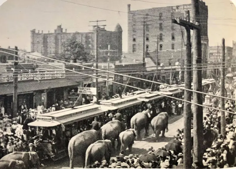 Circus parade moving west along Dallas’ Main Street
