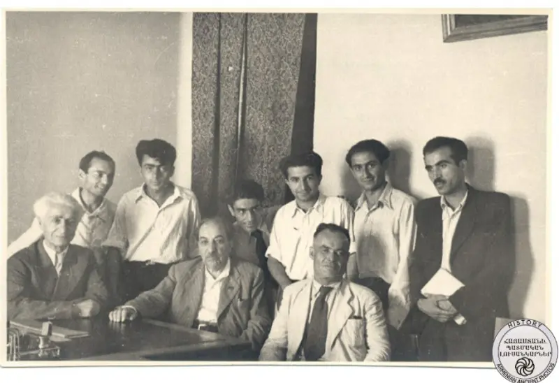 Av.Isahakyan, M. Arazin, N. Zaryan with a group of young writers in Yerevan