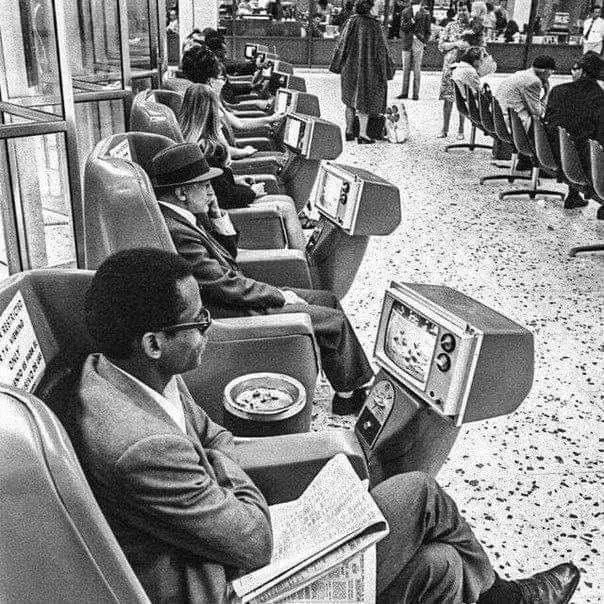 The waiting room at the bus station in Los Angeles, USA (1969)