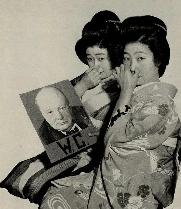 Japanese geishas show their attitude towards British Prime Minister Winston Churchill