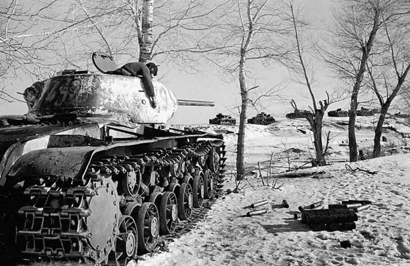 KV-1C Tank Shooting Down a German Tank Column
