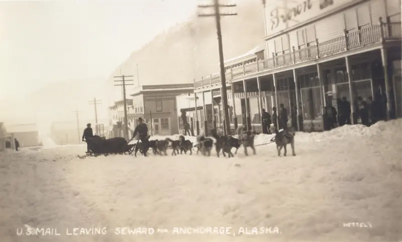 Postcard of US mail leaving Seward for Anchorage