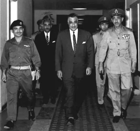 Nasser, Hussein and Amer before signing Egyptian-Jordanian defense pact