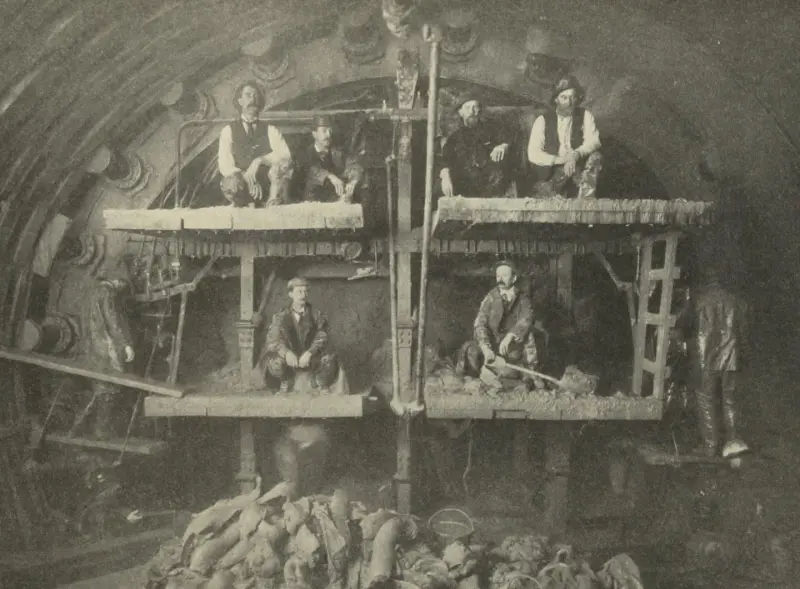 Men constructing Chicago sewers