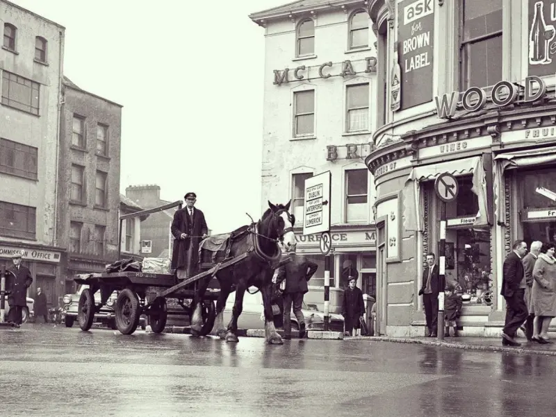 A draft horse drawing a load past Daunt Square 