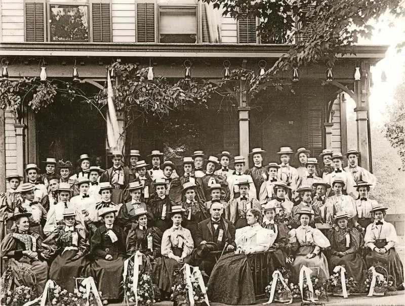 President William and Ida McKinley (to her husband's left) pose with members of the "Flower Delegation" 