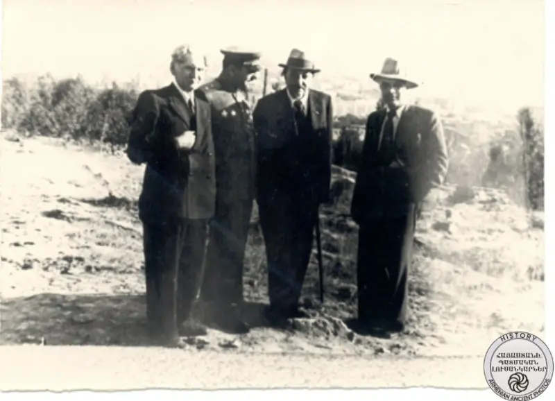 Avetik Isahakyan with artist Martiros Saryan, General S. Martirosyan and actor Vagharsh Vagharshyan