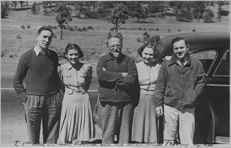 Trotsky with American comrades, including Harry DeBoer (left) 