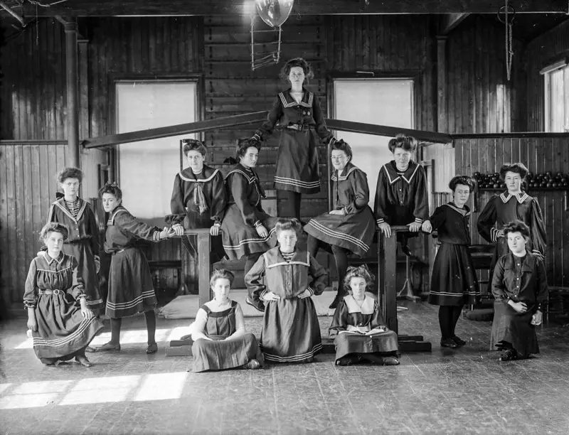 Girls of the Ursuline Convent in Waterford pose in their gymnasium