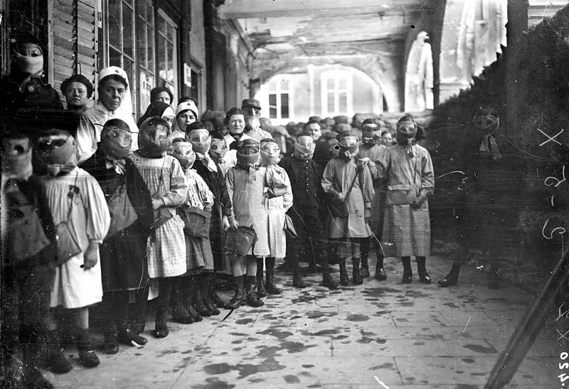 Children wearing gas masks