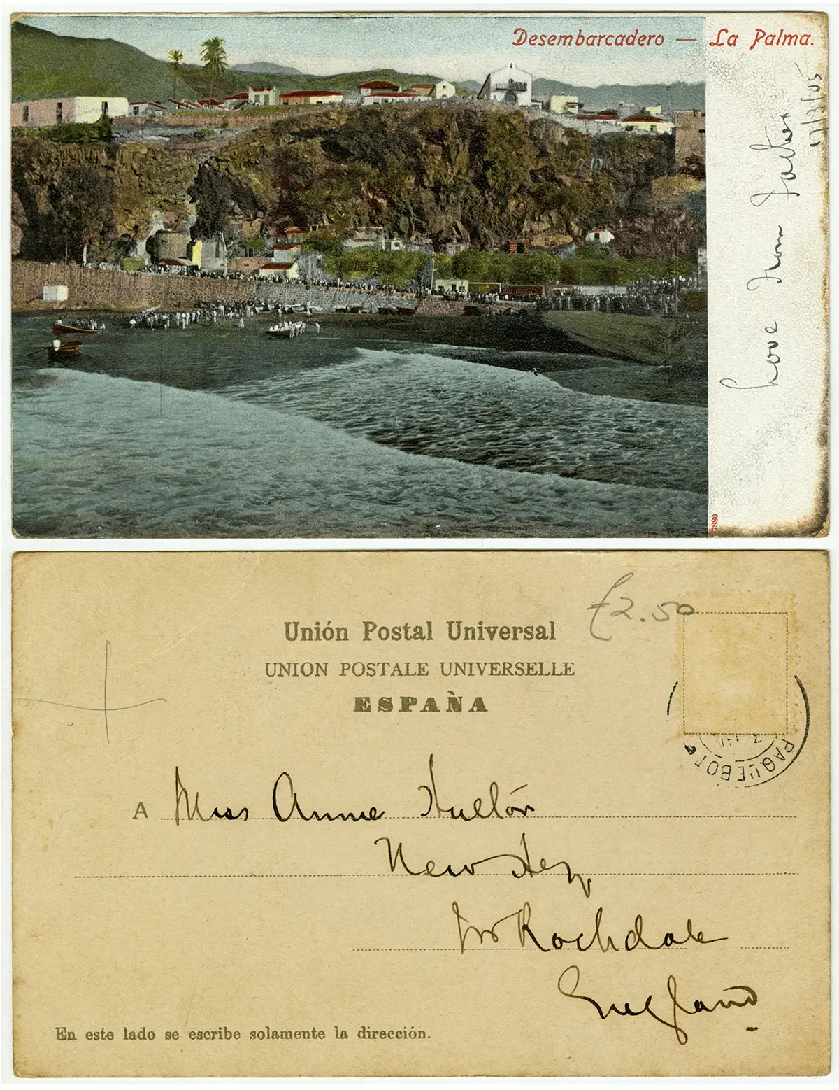 Postal de Santa Cruz de La Palma coloreada original