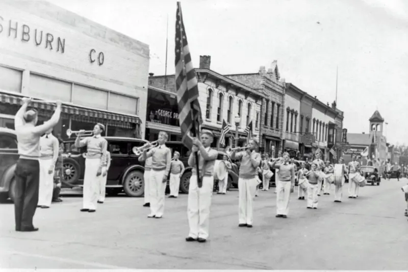 A marching band in downtown