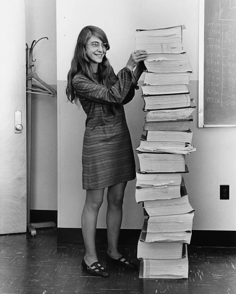 Margaret Hamilton with Printed Source Code for Apollo 11 Onboard Control Computer
