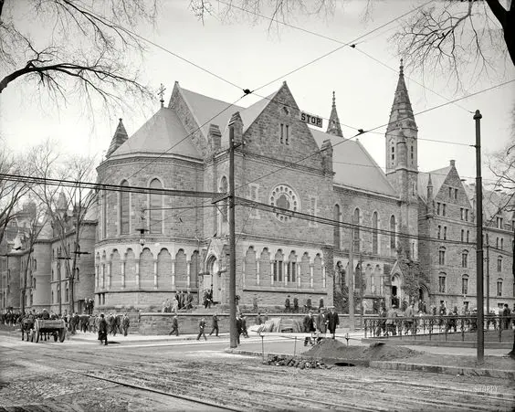 Students leaving Battell Chapel, Yale University.