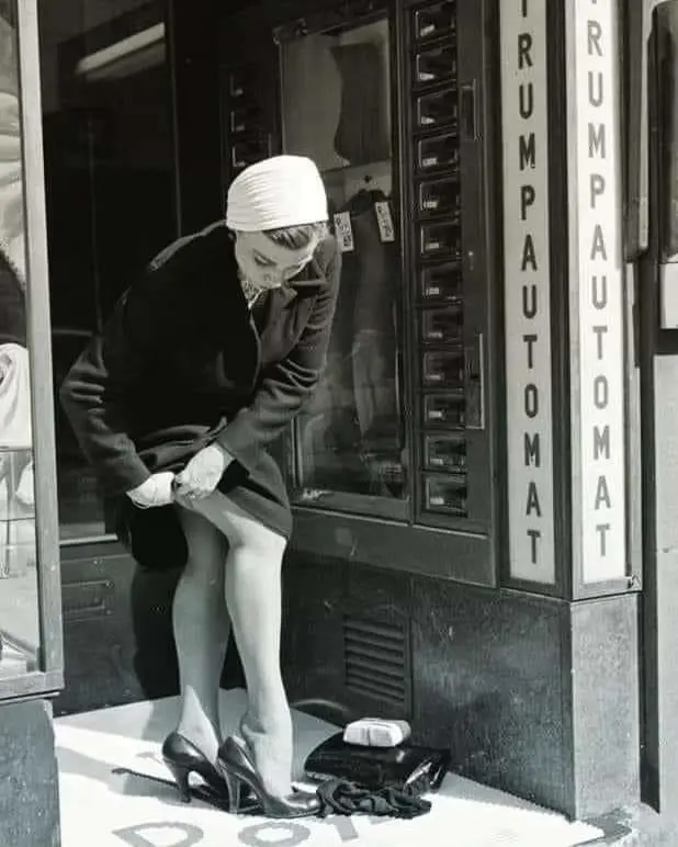 The girl at the stocking vending machine