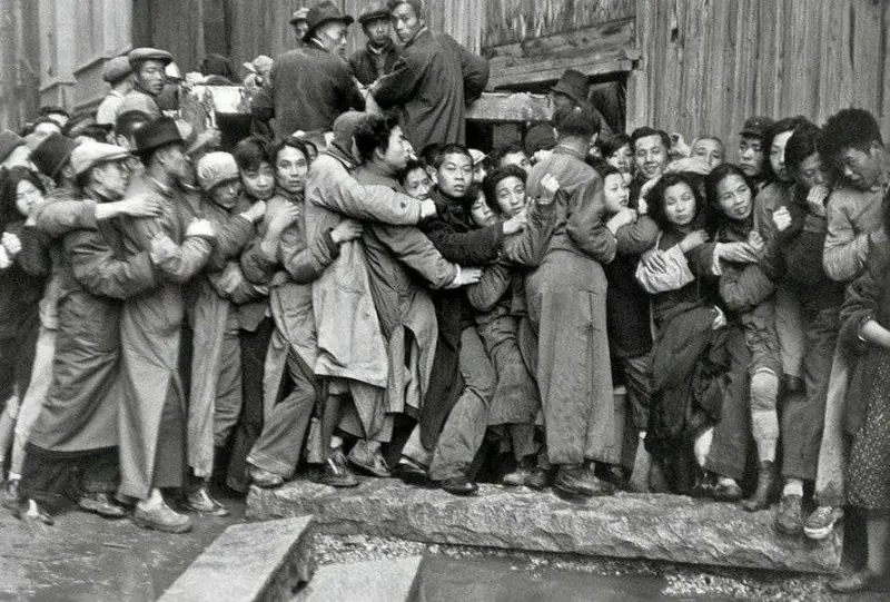 Crowd outside a bank