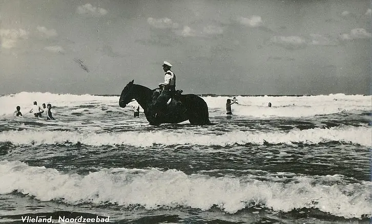 Noordzeebad met diender te paard
