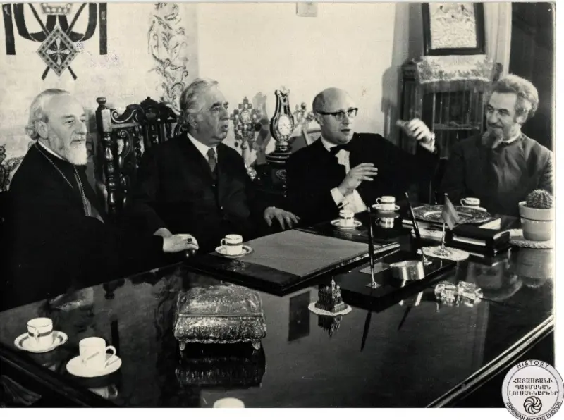 A. Khachatryan and cellist M. Rostropovich at the reception