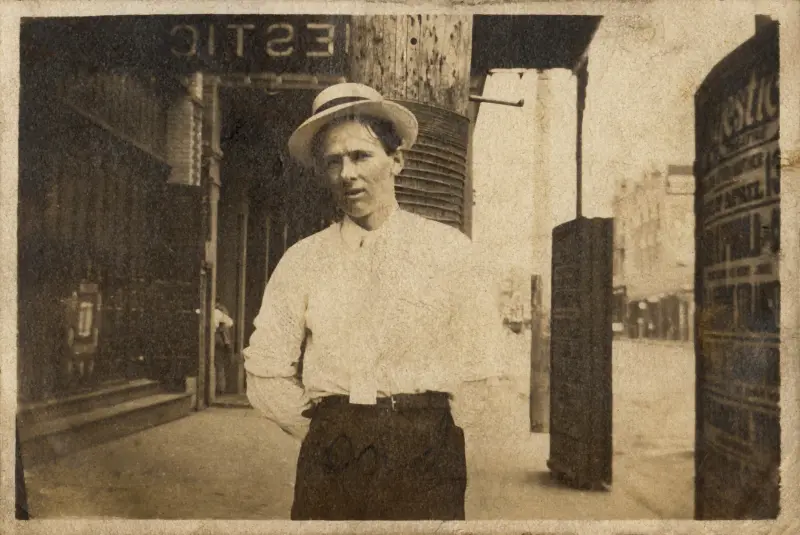 Eddie Bremer standing in front of the original Majestic Theatre
