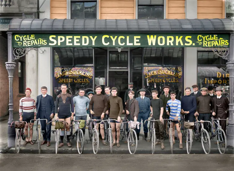 Cyclists outside Speedy Cycle Works