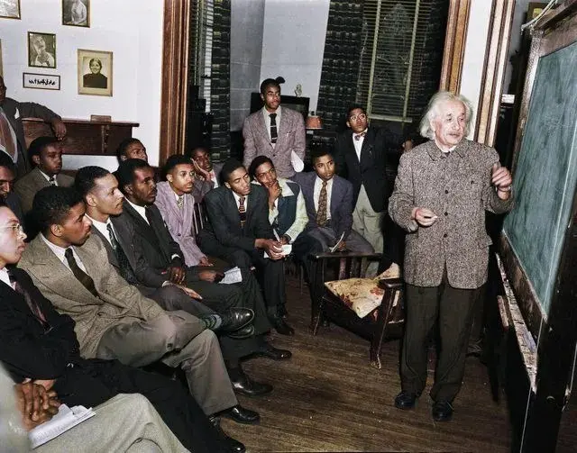 Einstein giving a lecture to Lincoln University students about his theory of relativity