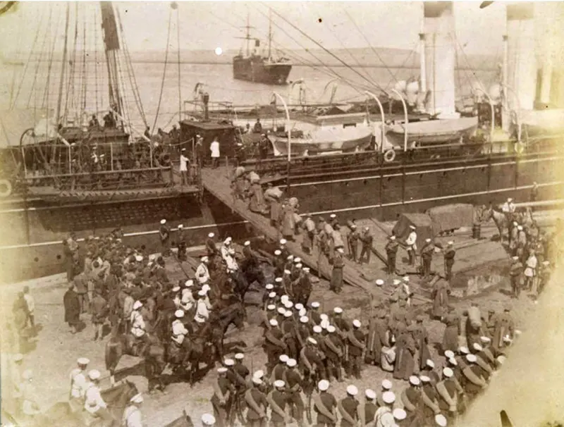 Prisoners board a steamboat before being sent to Sakhalin hard labor