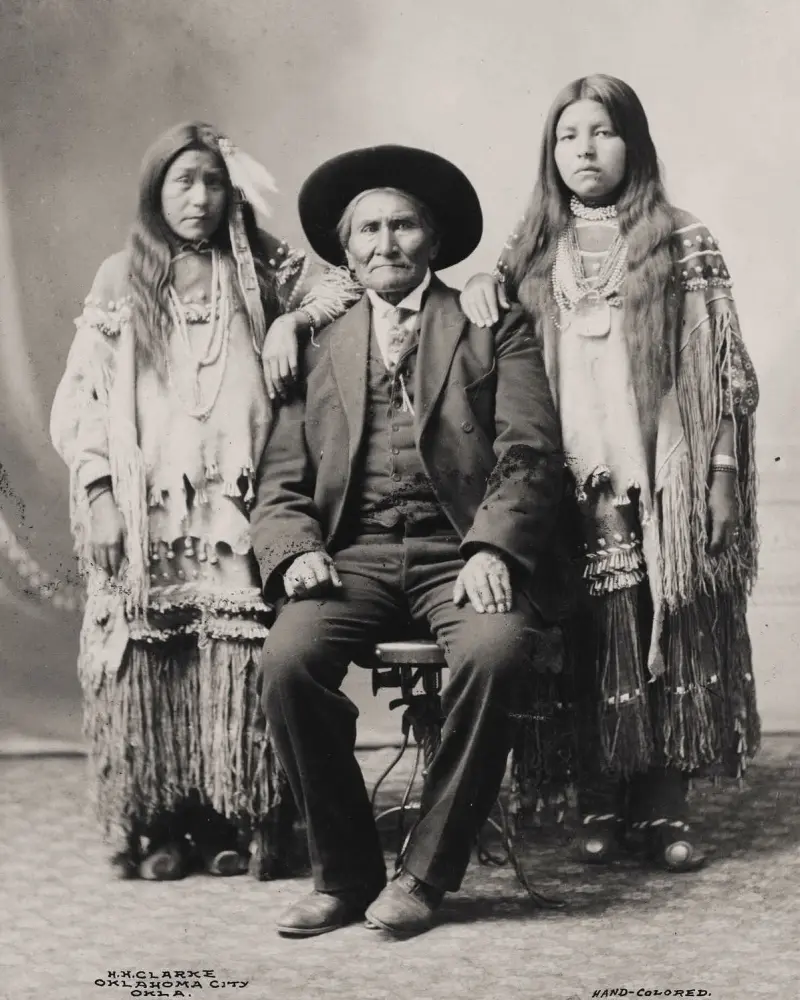 Apache Leader Geronimo with His Two Nieces